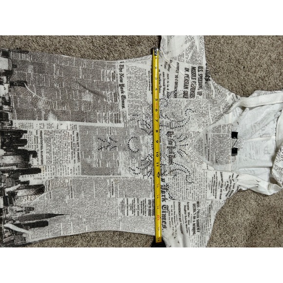 Y2K Newspaper Print Hoodie Rhinestone Embellished Hooded Long Sleeve Top - Picture 7 of 7